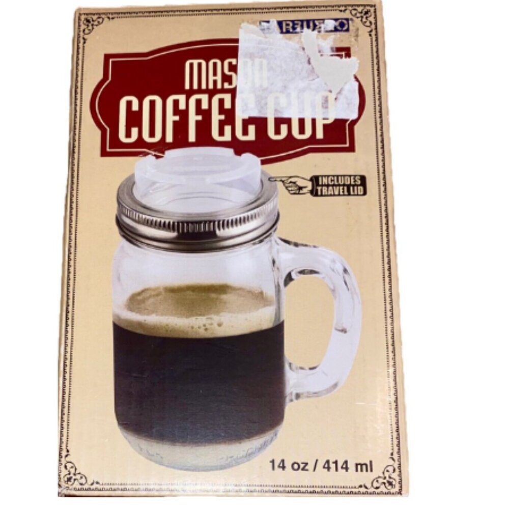 Mason Coffee Cup with Travel Lid 14 oz Barbuzzo Heavy Duty Glass